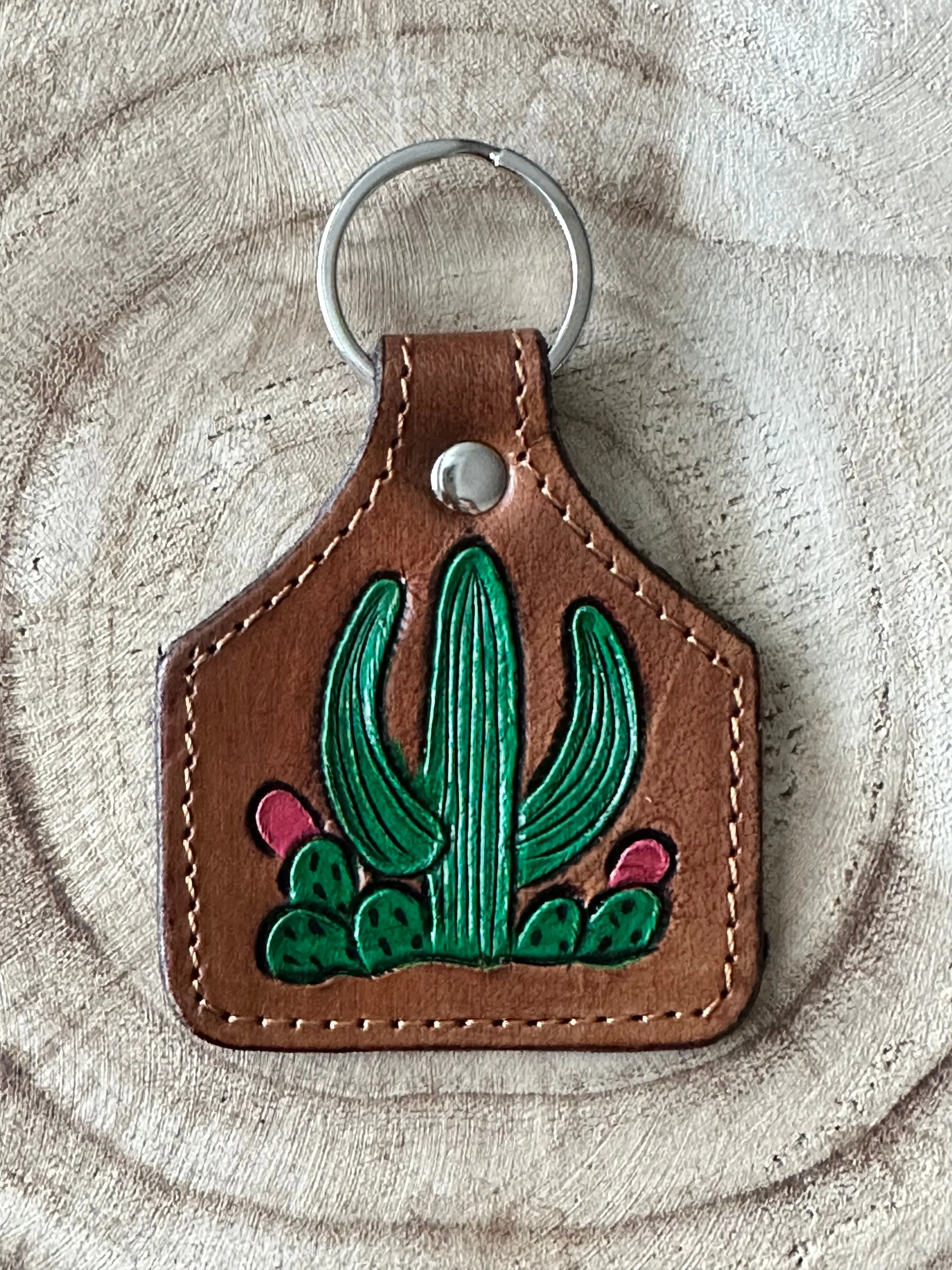 CACTI - Tooled Hand Painted Leather Cattle Tag Key Rings / Bag Tags