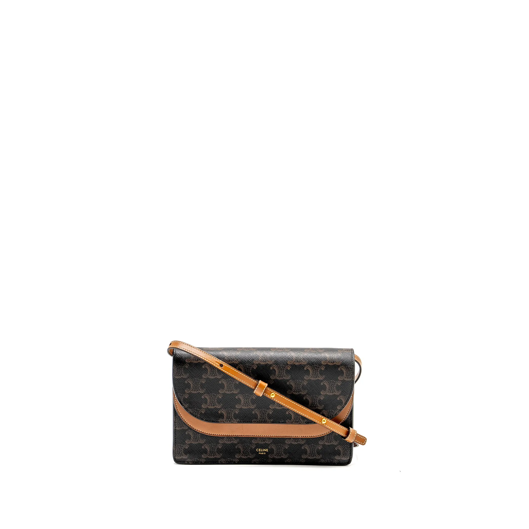 Celine Wallet On Strap Triomphe Canvas /Smooth Lambskin Tan GHW