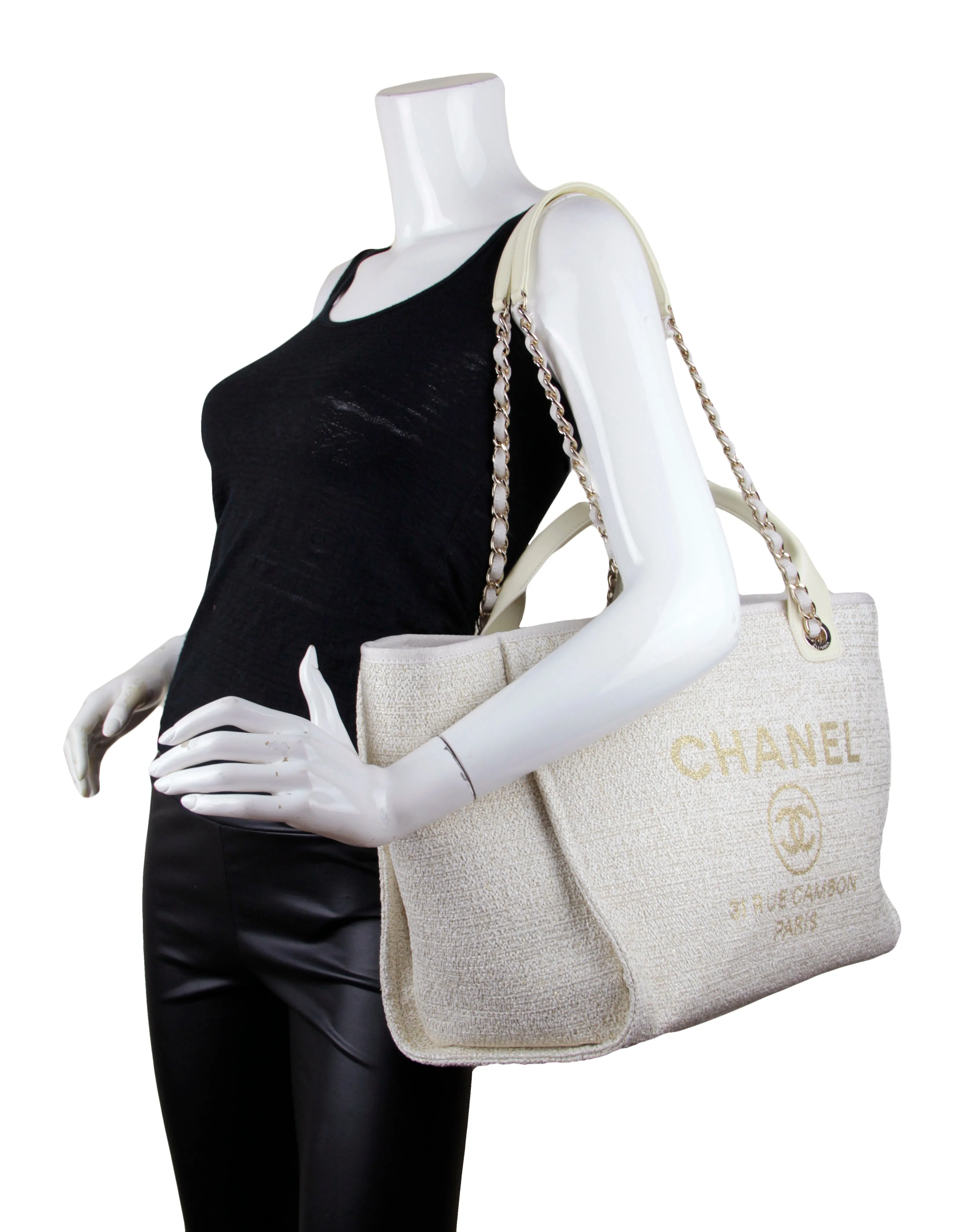 Chanel Ivory/ Gold Large Deauville Shopping Tote Bag