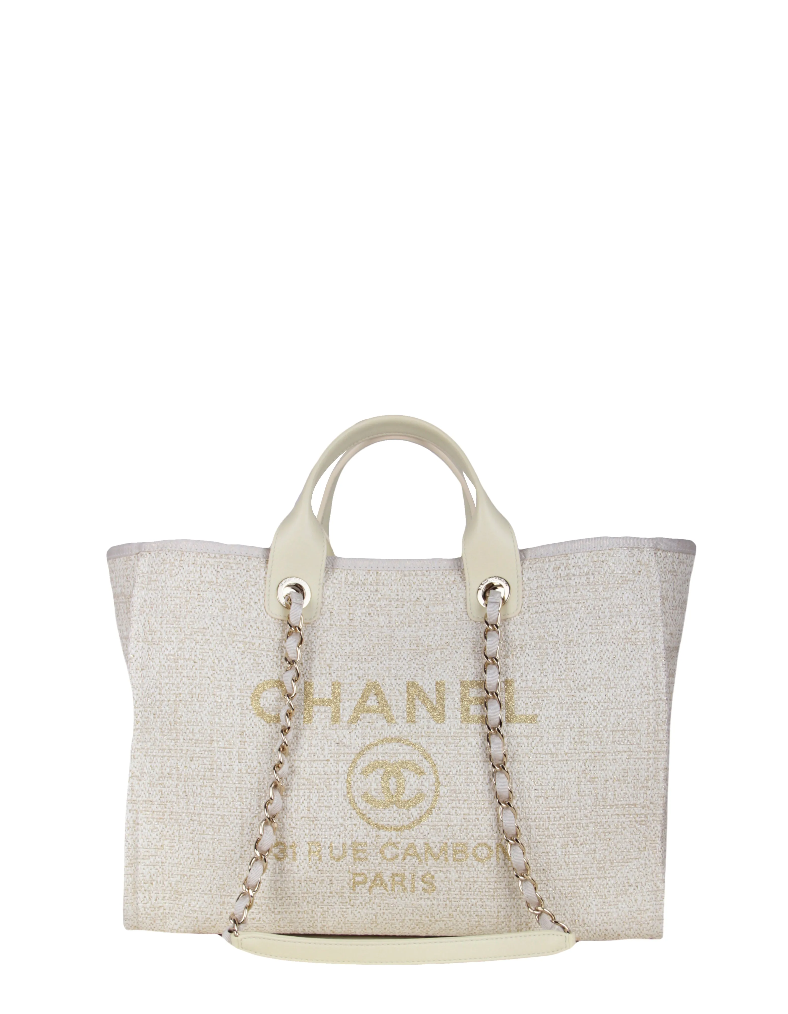 Chanel Ivory/ Gold Large Deauville Shopping Tote Bag