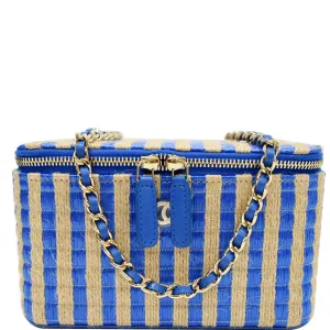 CHANEL Raffia Jute Striped Vanity Case Chain Crossbody Bag Blue - 10% OFF
