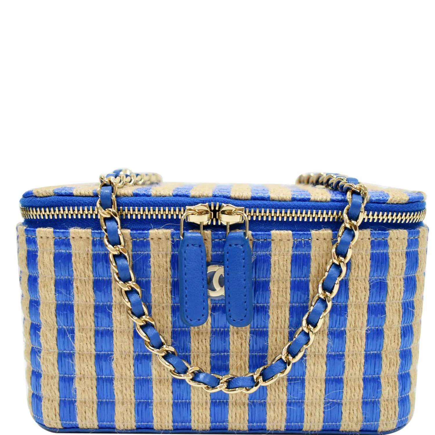 CHANEL Raffia Jute Striped Vanity Case Chain Crossbody Bag Blue - 10% OFF