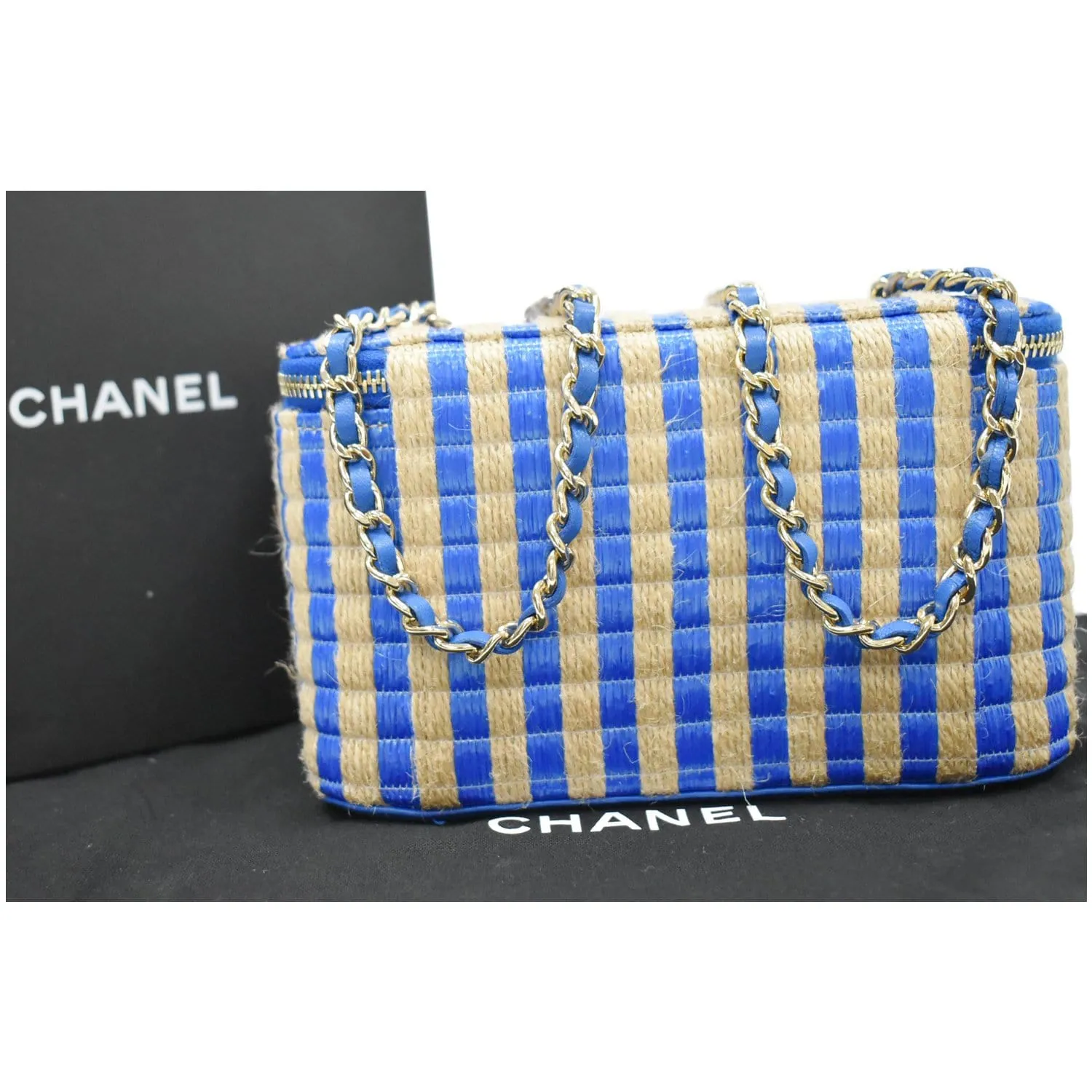 CHANEL Raffia Jute Striped Vanity Case Chain Crossbody Bag Blue - 10% OFF