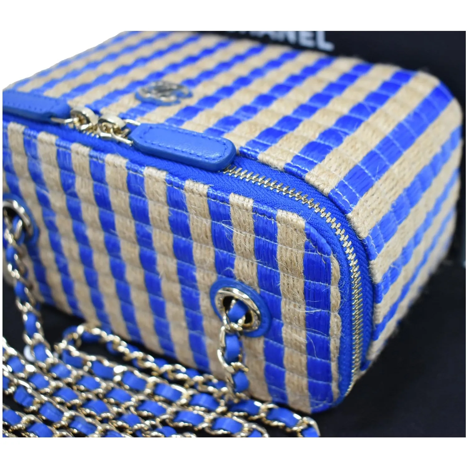 CHANEL Raffia Jute Striped Vanity Case Chain Crossbody Bag Blue - 10% OFF