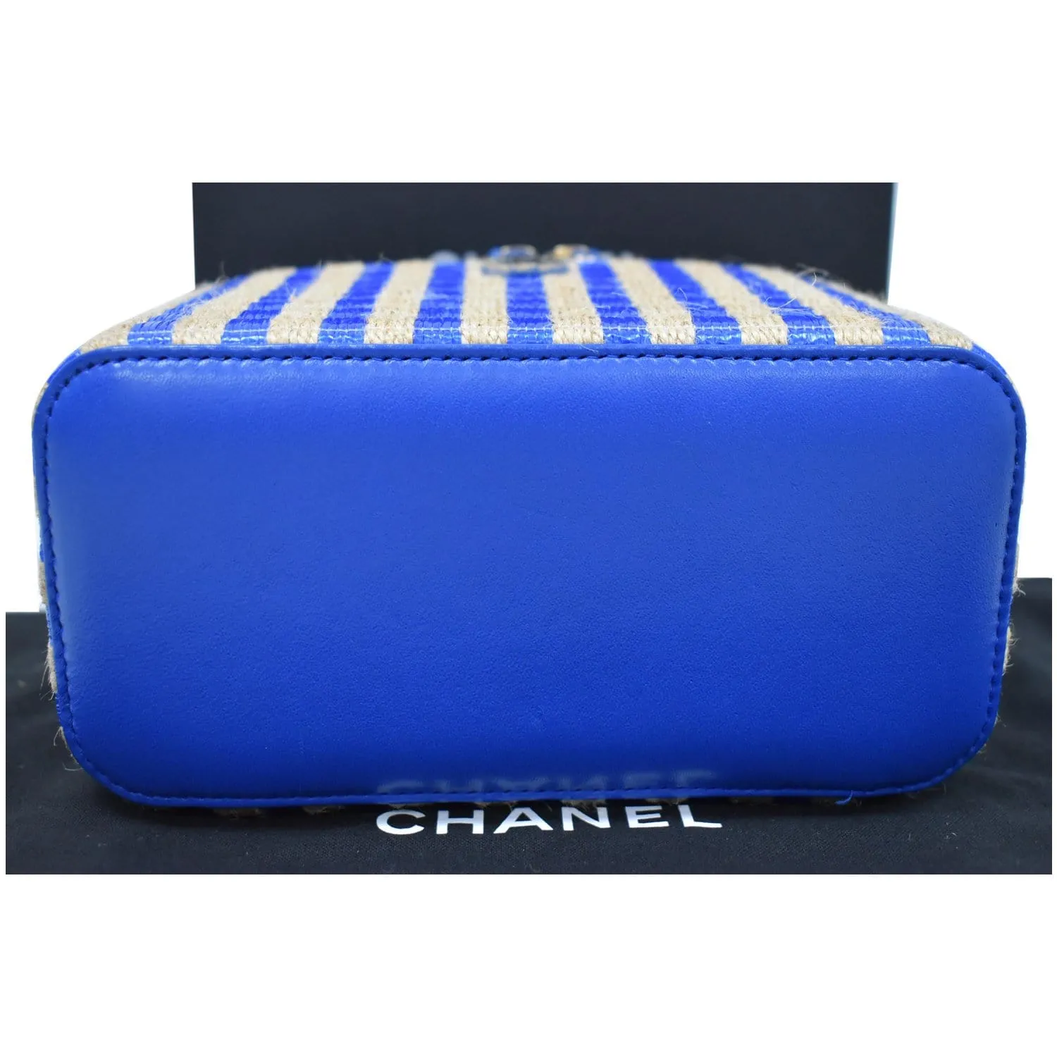 CHANEL Raffia Jute Striped Vanity Case Chain Crossbody Bag Blue - 10% OFF