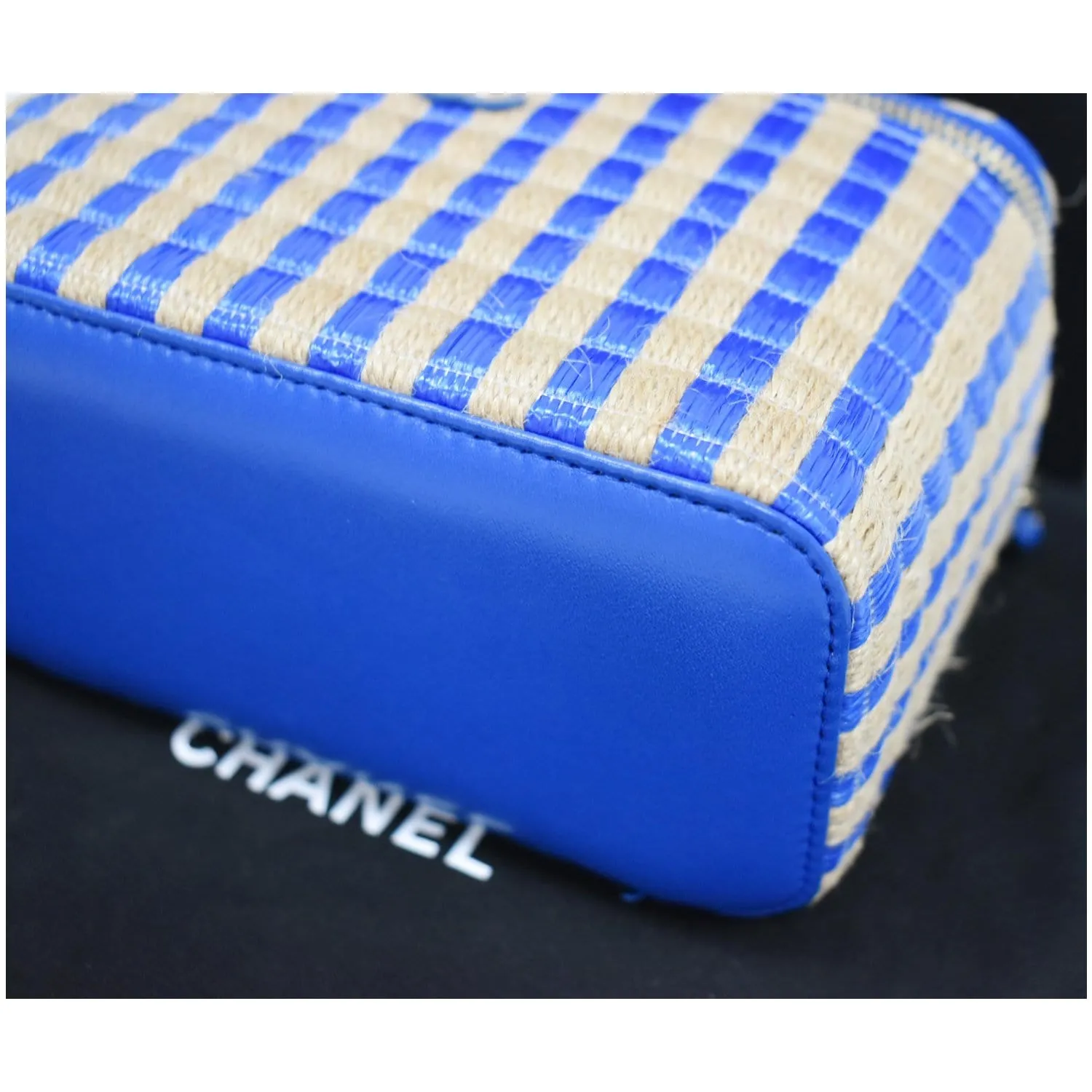 CHANEL Raffia Jute Striped Vanity Case Chain Crossbody Bag Blue - 10% OFF