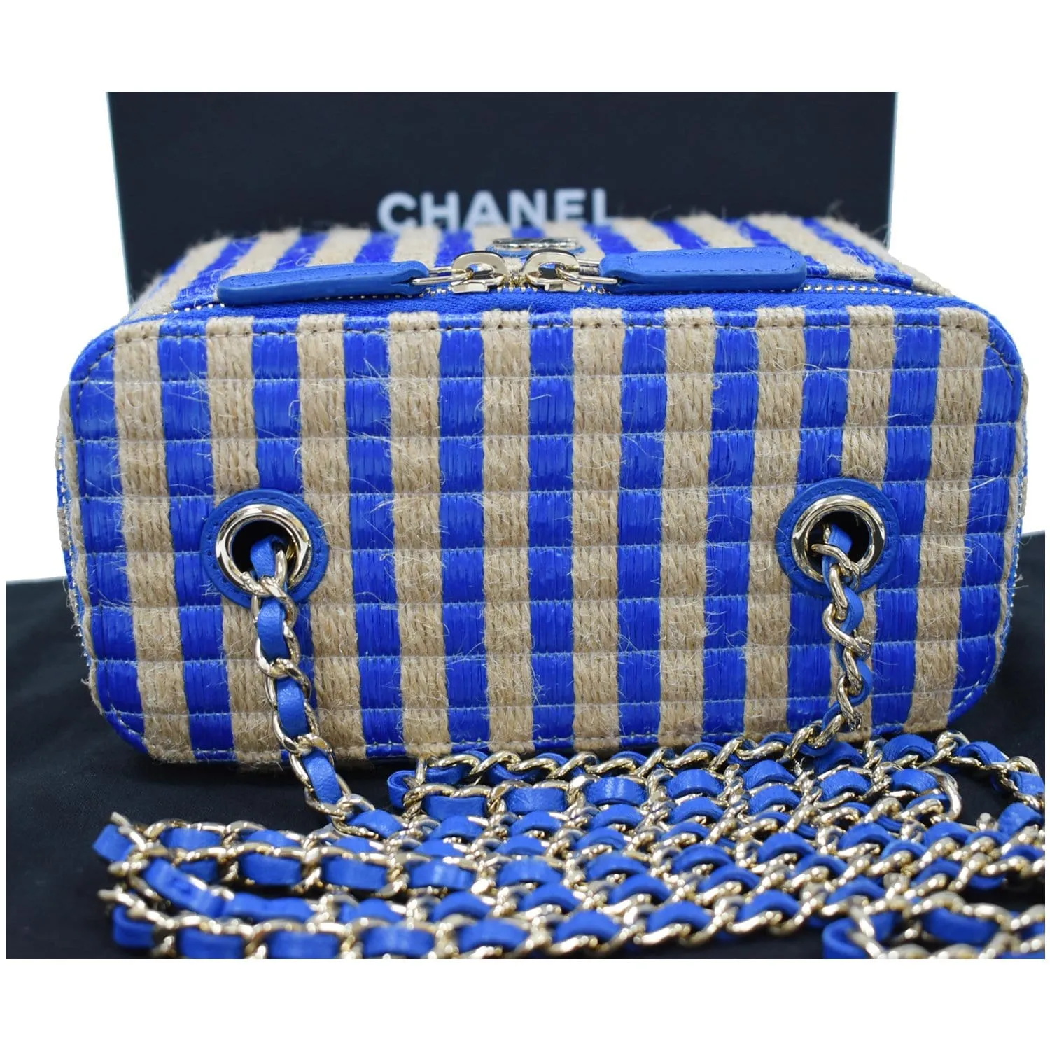 CHANEL Raffia Jute Striped Vanity Case Chain Crossbody Bag Blue - 10% OFF