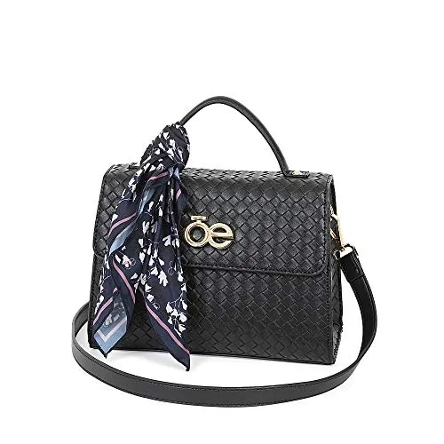 Cloe Knitted-like Briefcase bag with Floral Print Scarf in Black Color