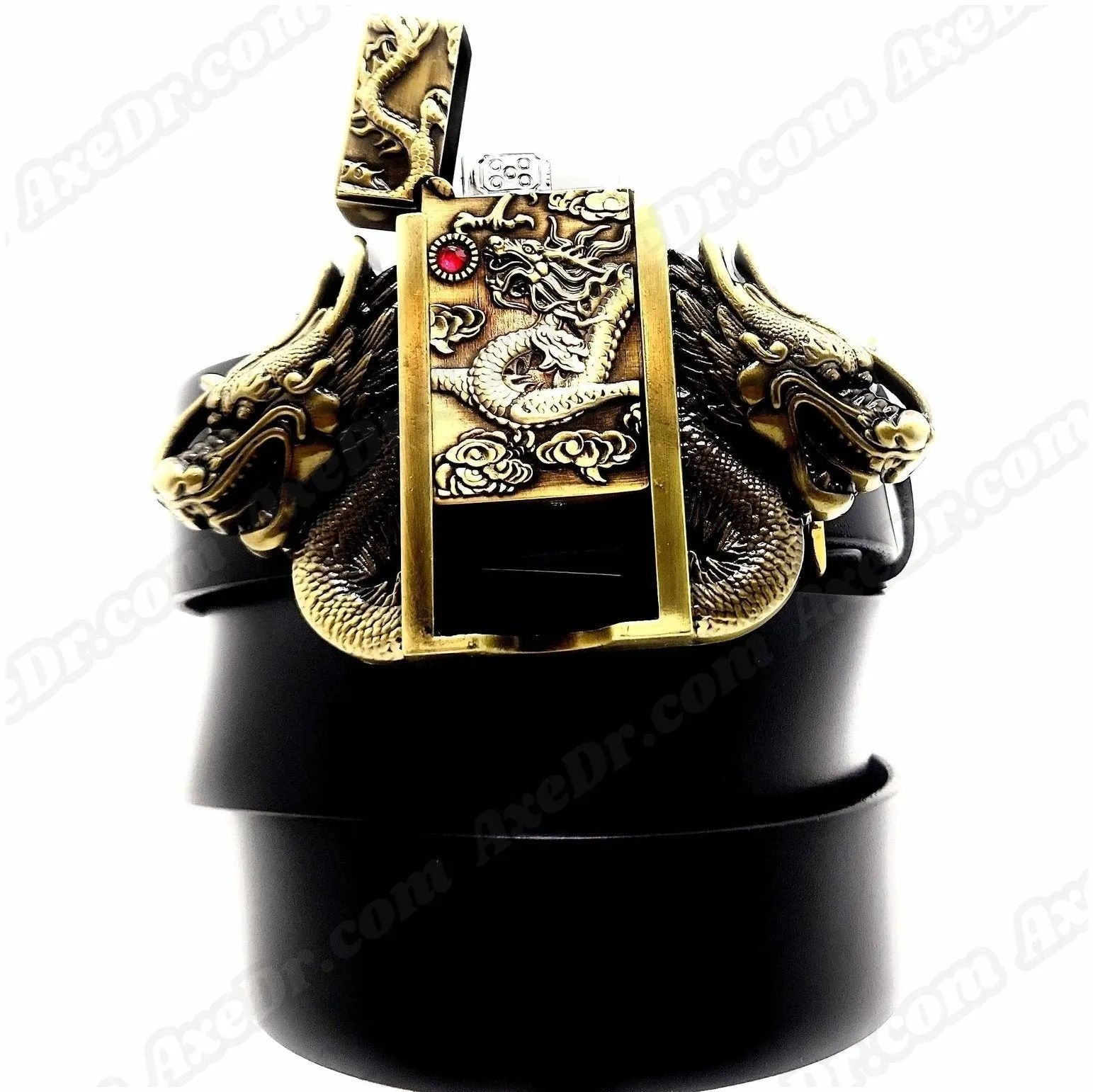 Dual Dragons Gold Lighter Belt Buckle and Genuine Leather Belt