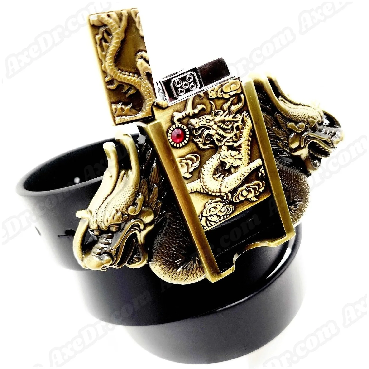 Dual Dragons Gold Lighter Belt Buckle and Genuine Leather Belt