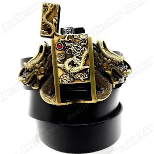 Dual Dragons Gold Lighter Belt Buckle and Genuine Leather Belt
