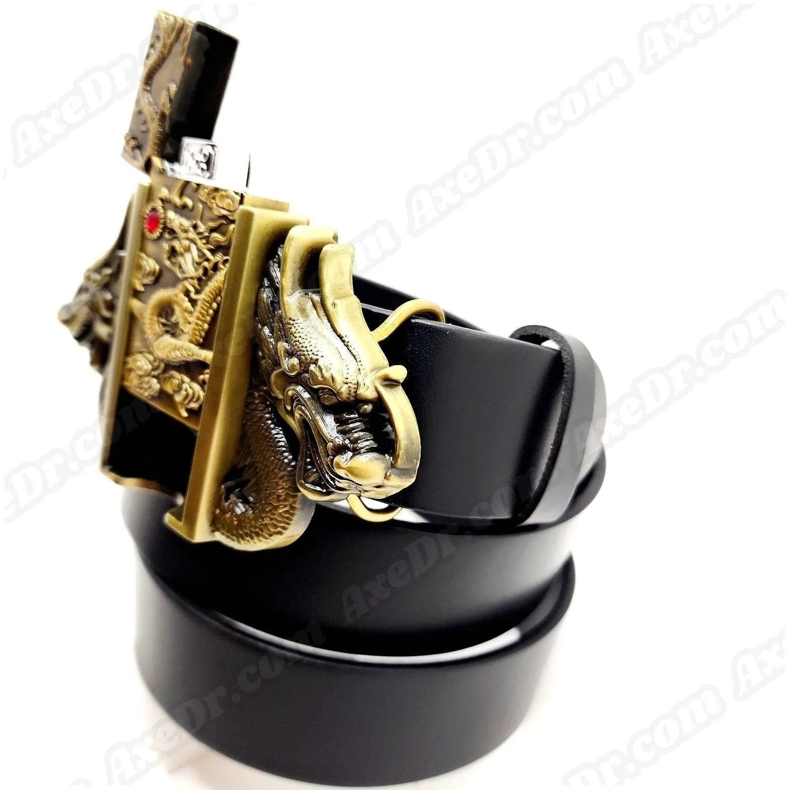 Dual Dragons Gold Lighter Belt Buckle and Genuine Leather Belt