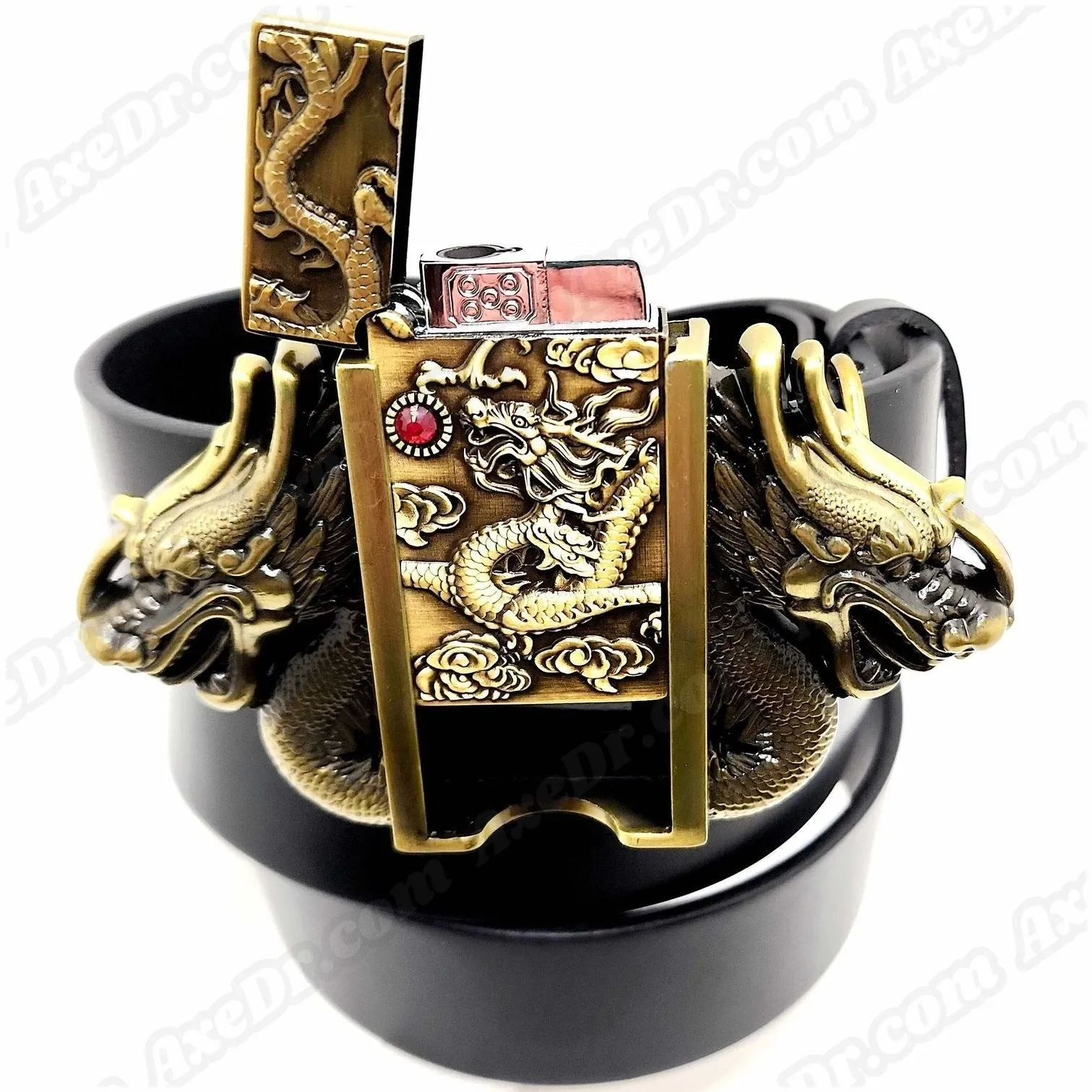 Dual Dragons Gold Lighter Belt Buckle and Genuine Leather Belt