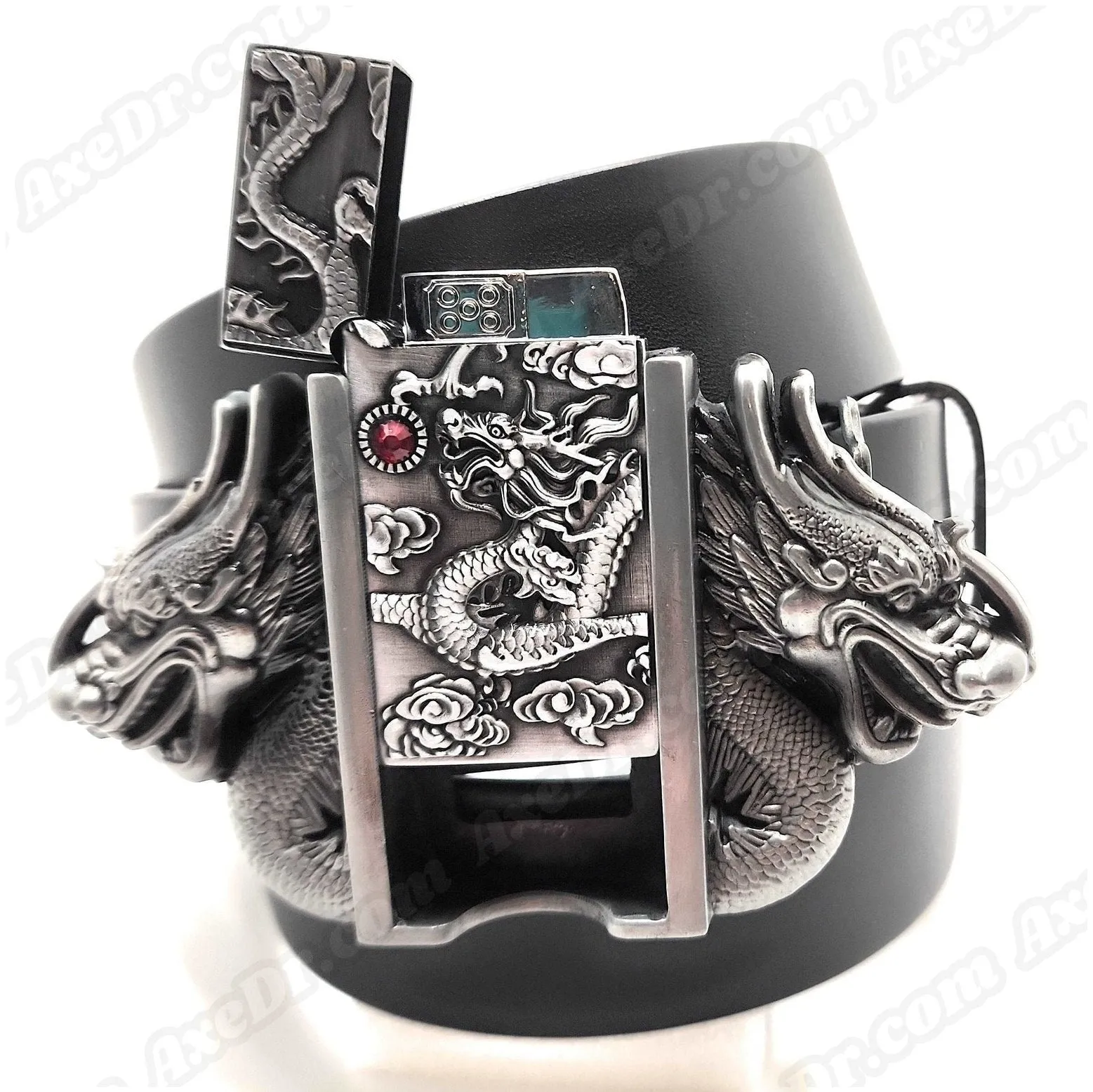 Dual Dragons Silver Lighter Belt Buckle and Genuine Leather Belt