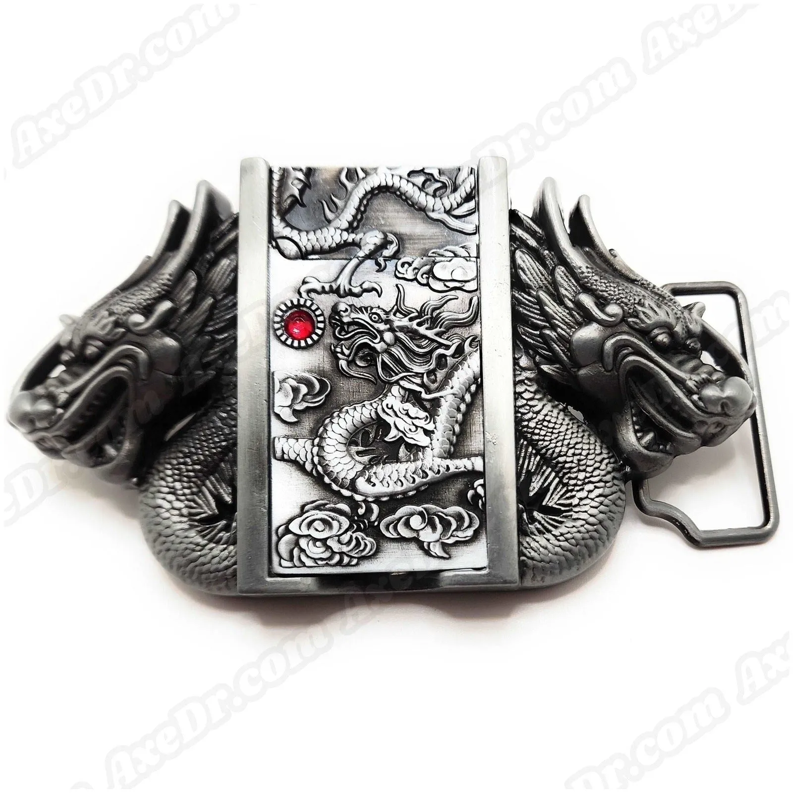 Dual Dragons Silver Lighter Belt Buckle and Genuine Leather Belt