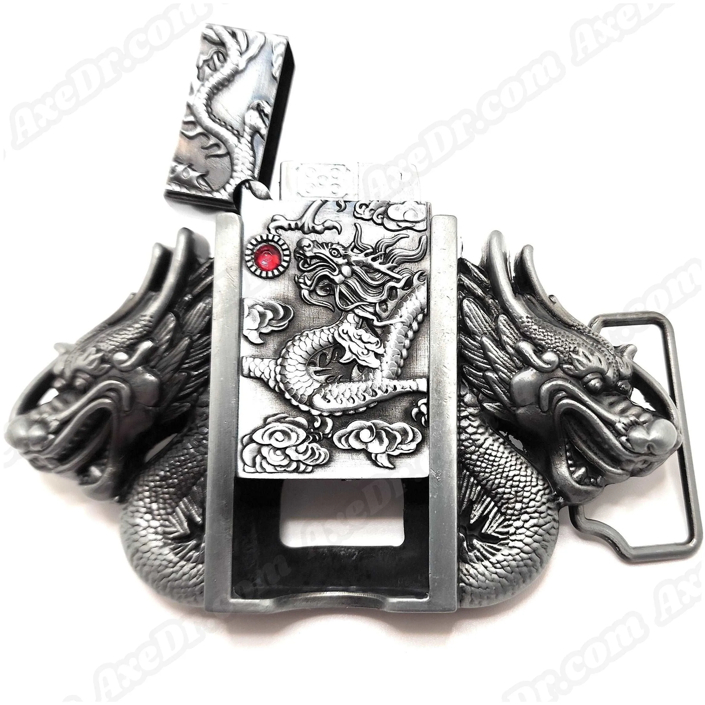 Dual Dragons Silver Lighter Belt Buckle and Genuine Leather Belt