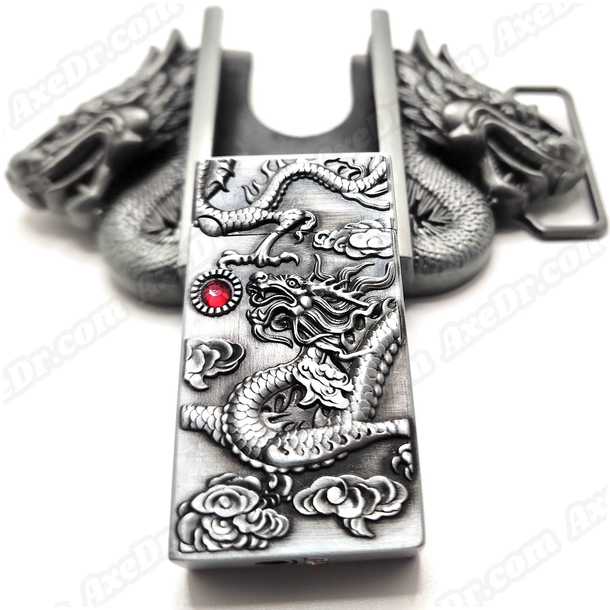 Dual Dragons Silver Lighter Belt Buckle and Genuine Leather Belt