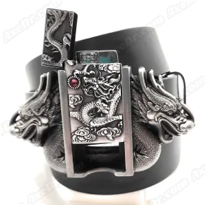 Dual Dragons Silver Lighter Belt Buckle and Genuine Leather Belt