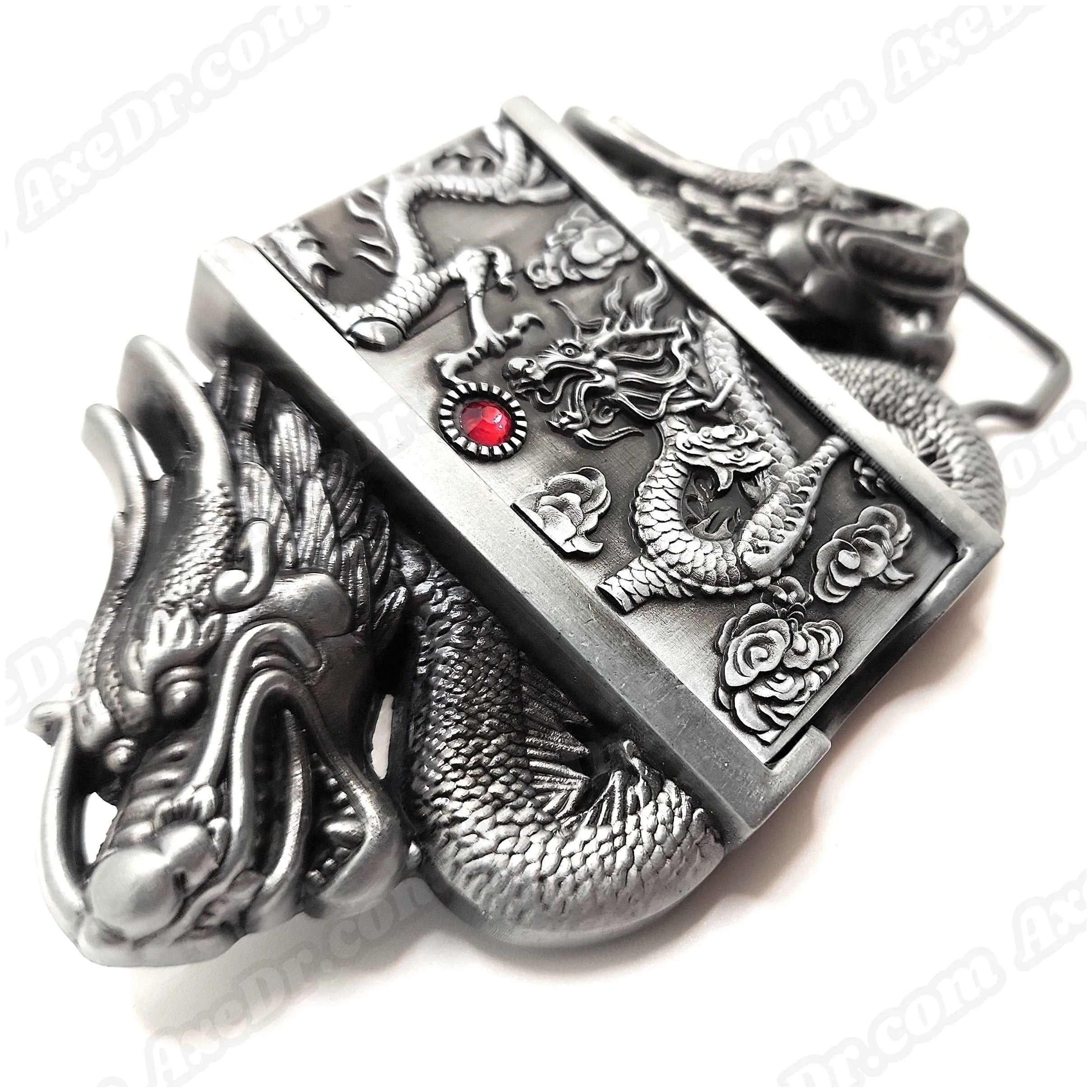 Dual Dragons Silver Lighter Belt Buckle and Genuine Leather Belt