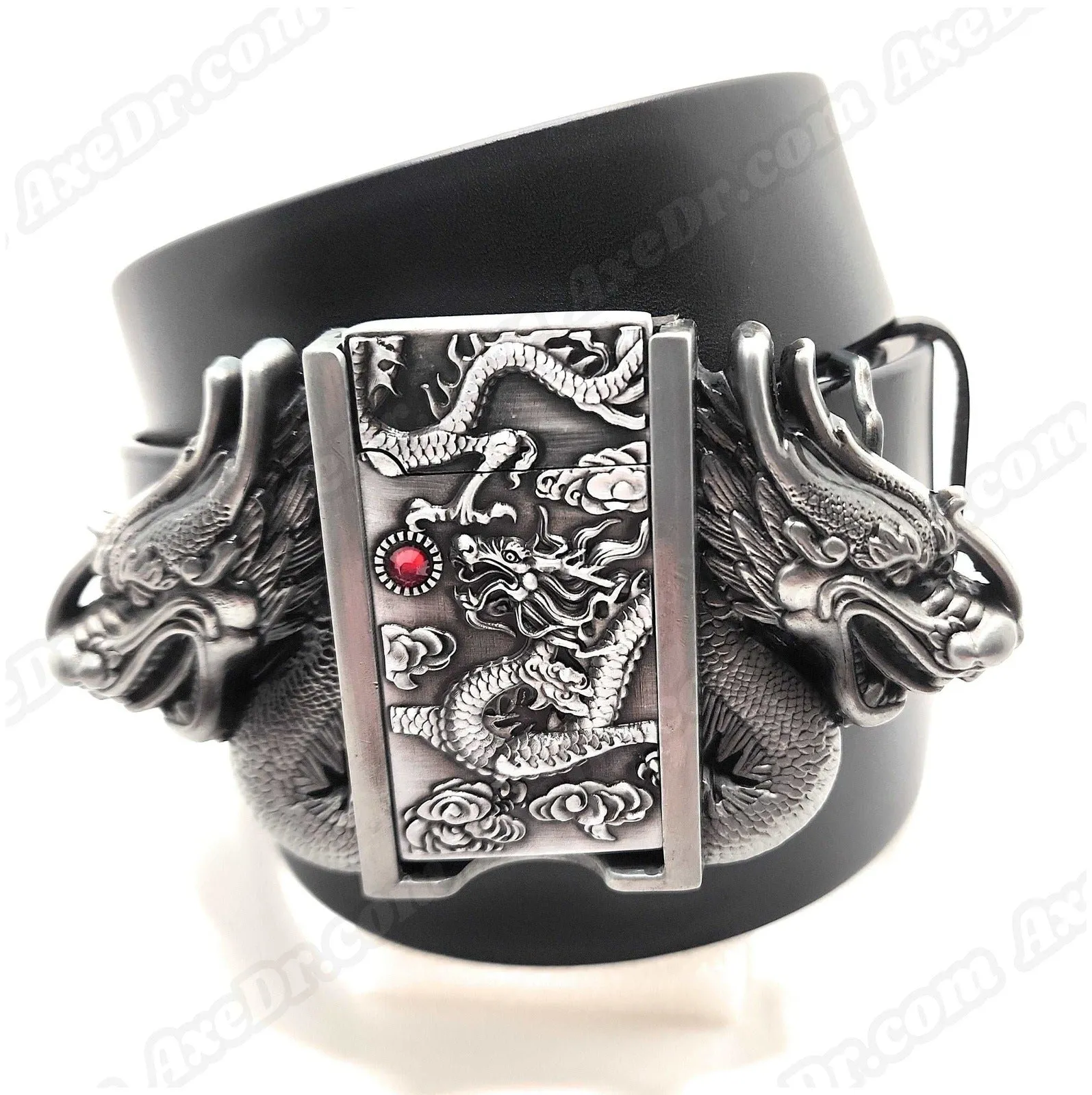 Dual Dragons Silver Lighter Belt Buckle and Genuine Leather Belt
