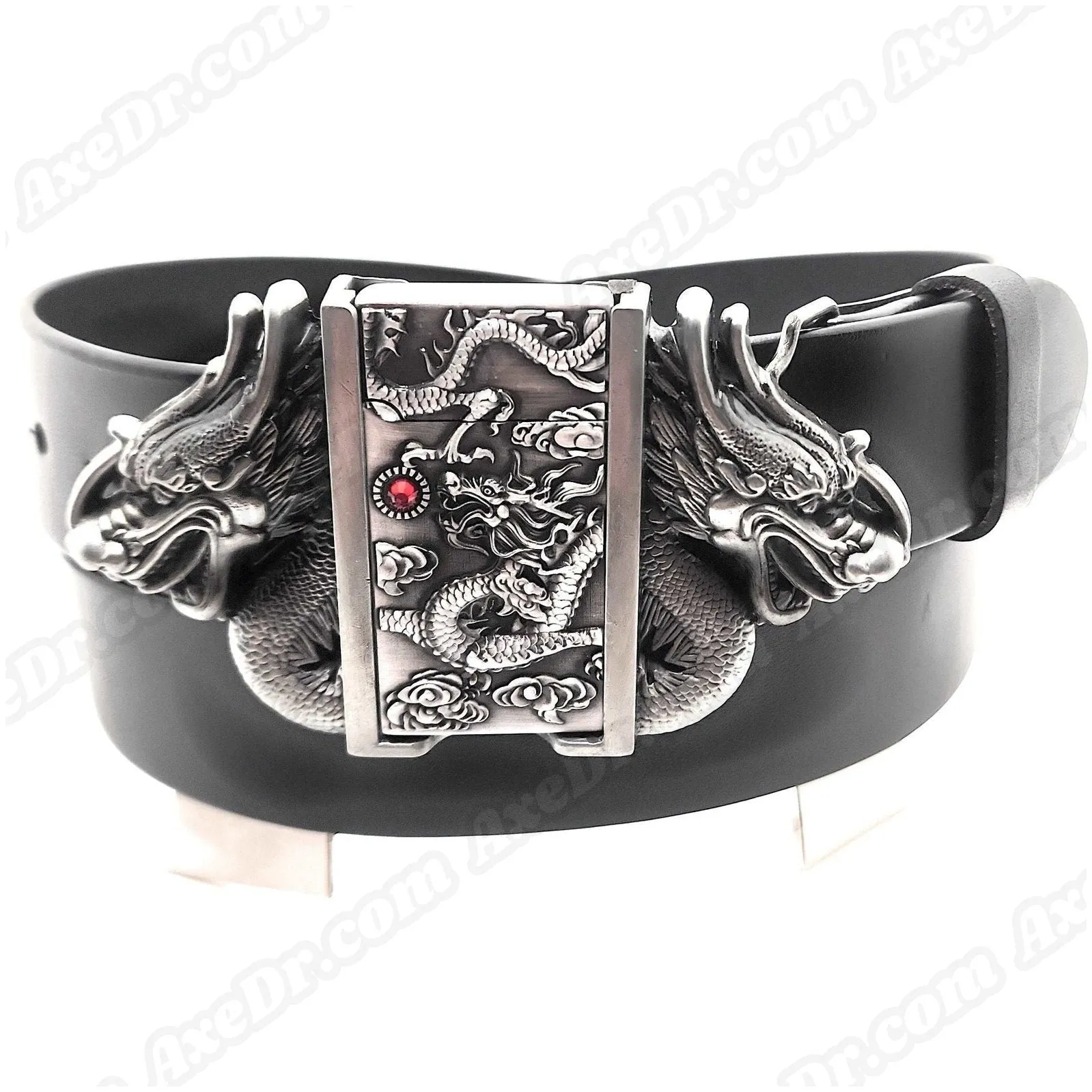 Dual Dragons Silver Lighter Belt Buckle and Genuine Leather Belt