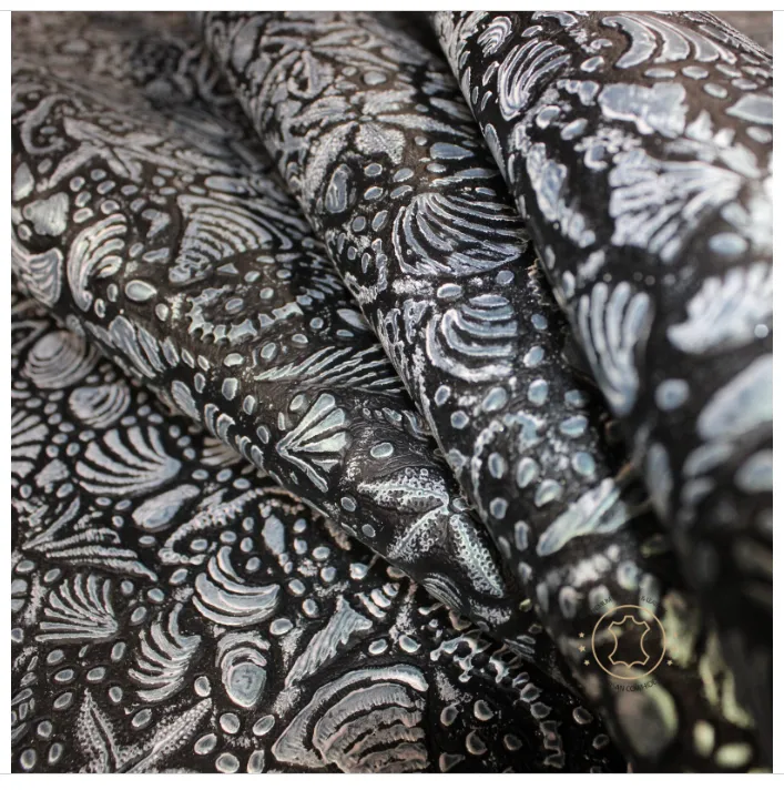 Embossed LEATHER Sheets, Sea Life Embossed Leather Black Silver |12"x12", 12"x18", 24"x24" Precuts Sheets for Crafts- Seahorses, star, shell