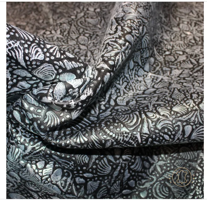 Embossed LEATHER Sheets, Sea Life Embossed Leather Black Silver |12"x12", 12"x18", 24"x24" Precuts Sheets for Crafts- Seahorses, star, shell