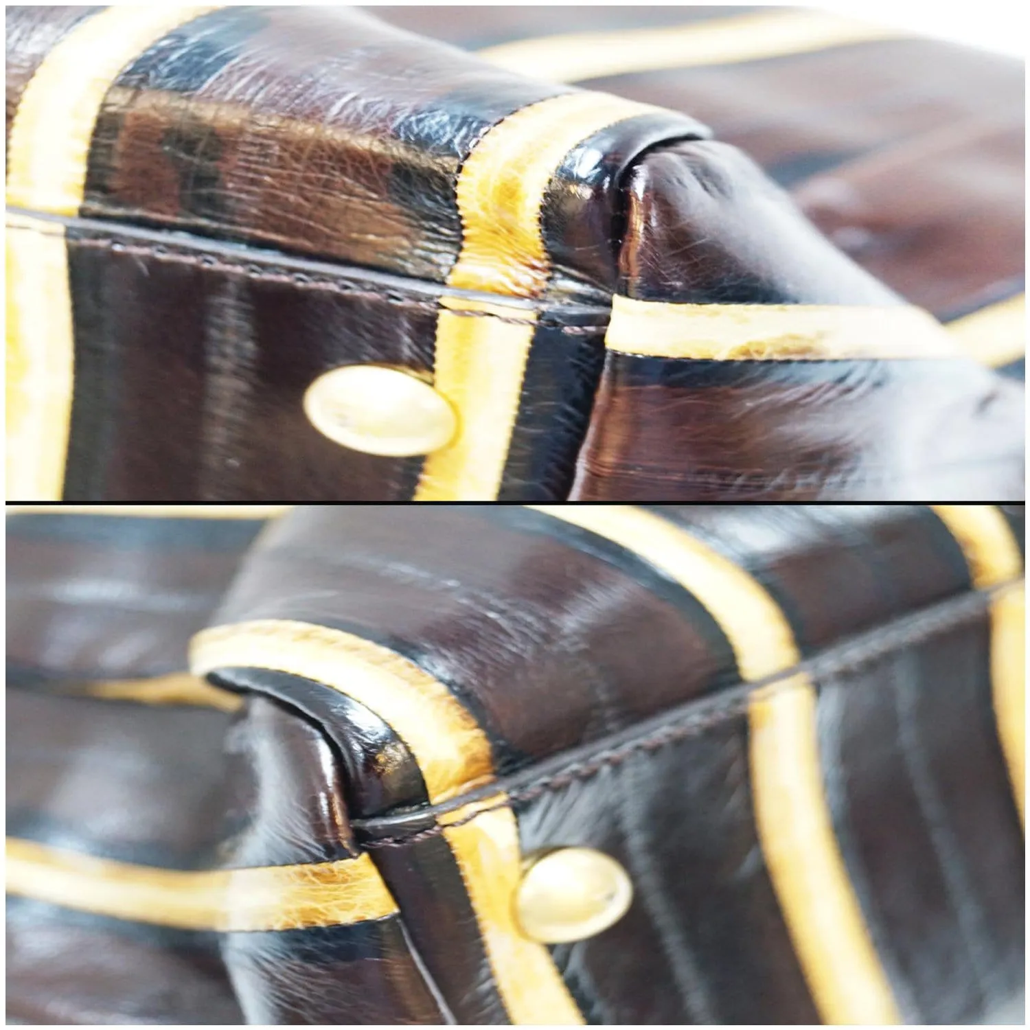 FENDI Peekaboo Striped Eel Skin Leather Shoulder Bag Brown
