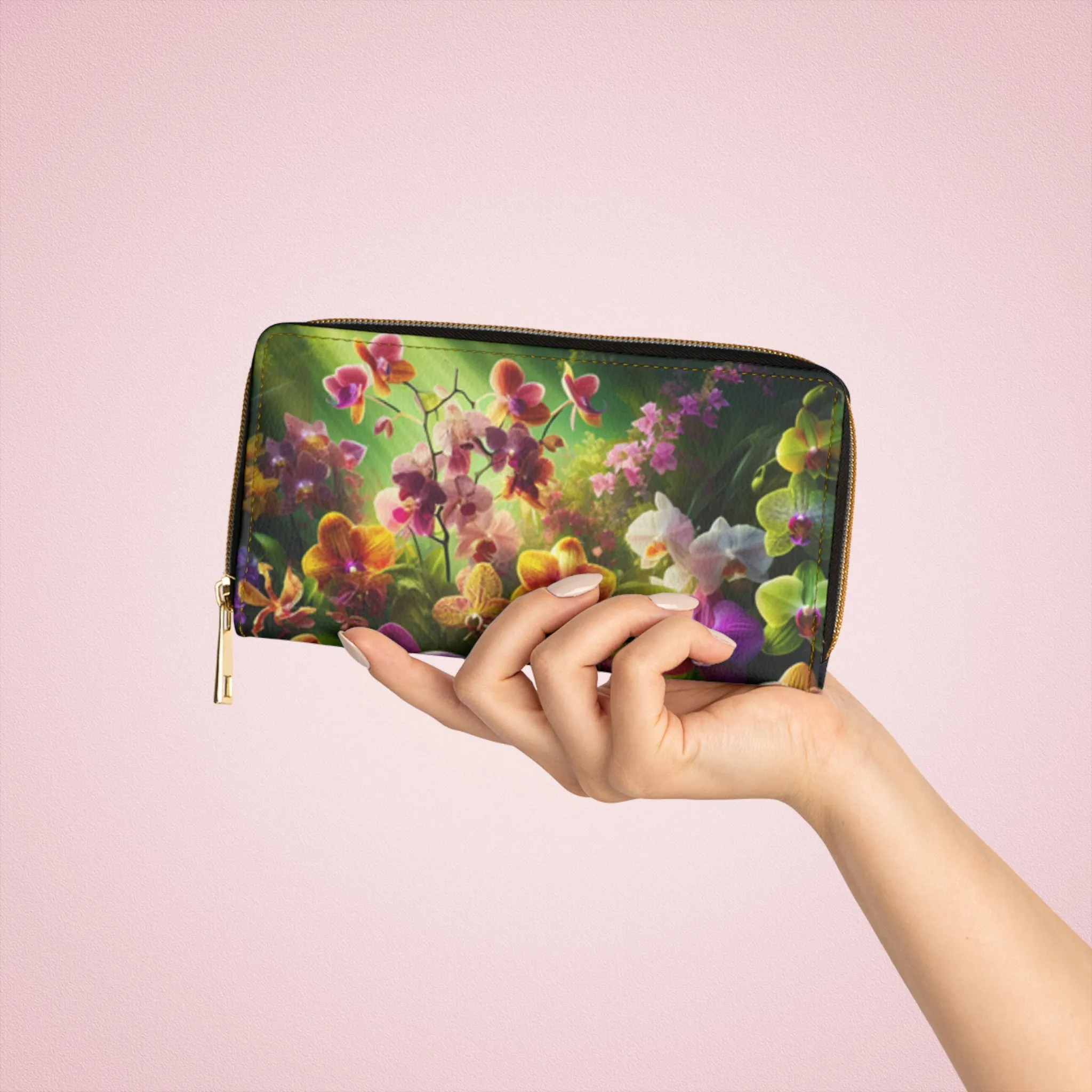 Floral Zipper Wallet - Elegant Orchid Design for Stylish Essentials