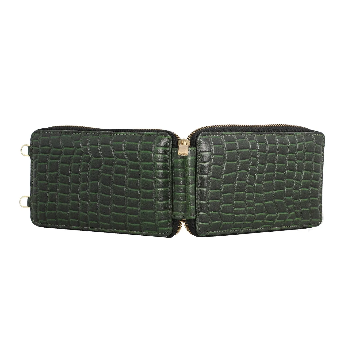 Genuine Leather Crocodile Embossed RFID Crossbody Bag & Phone Holder in DEEP GREEN
