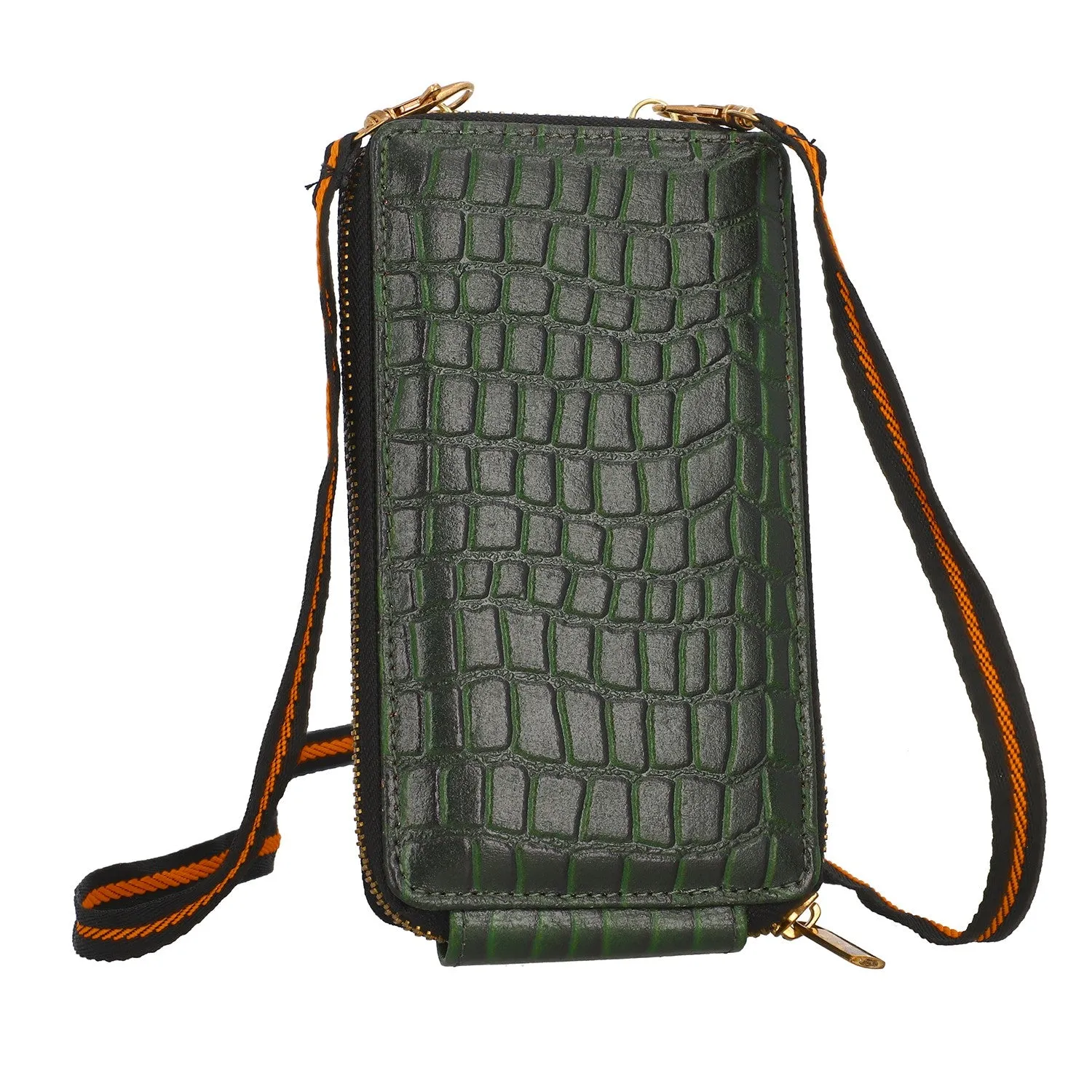 Genuine Leather Crocodile Embossed RFID Crossbody Bag & Phone Holder in DEEP GREEN