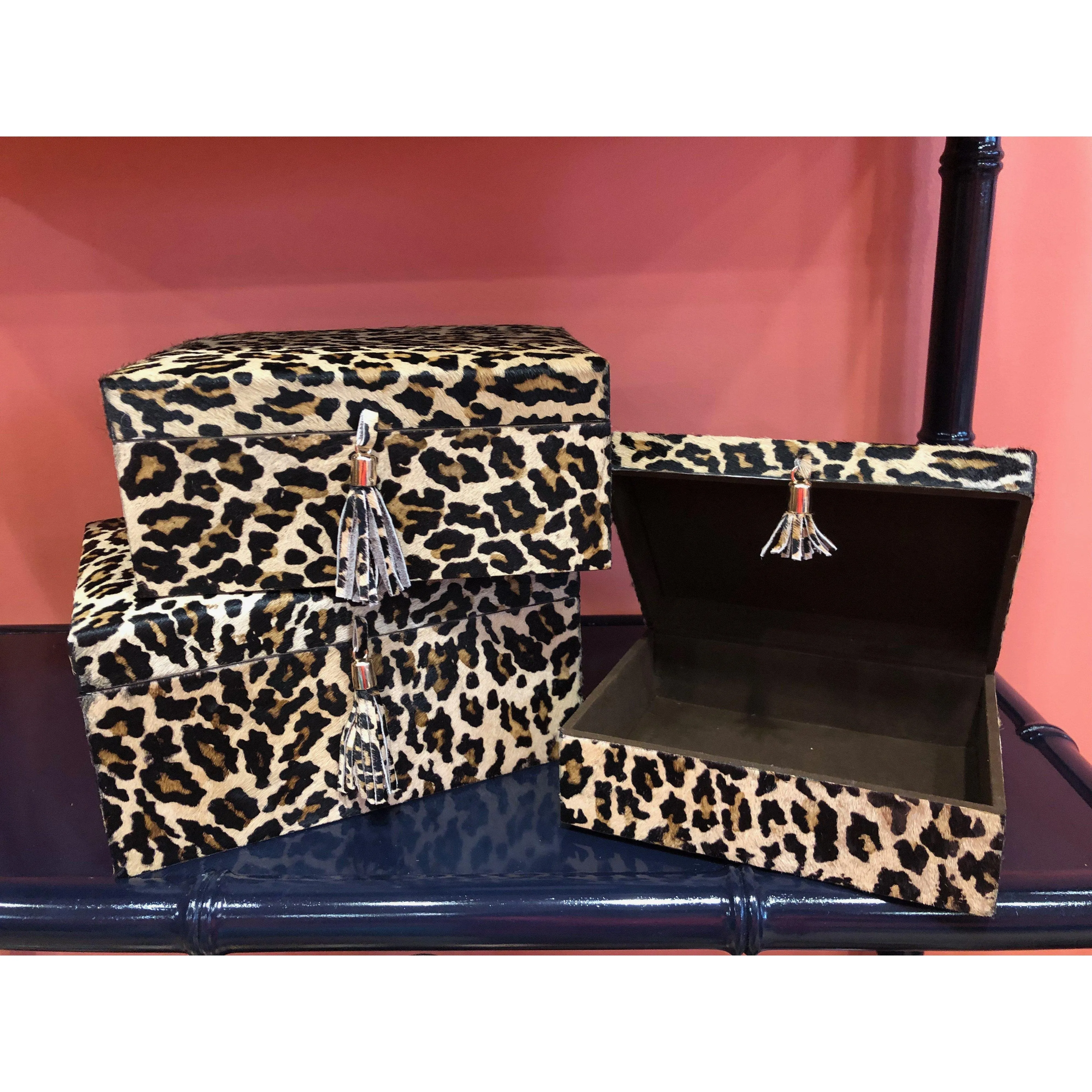 Genuine Leather Leopard Print Box with Leather Tassel - Large