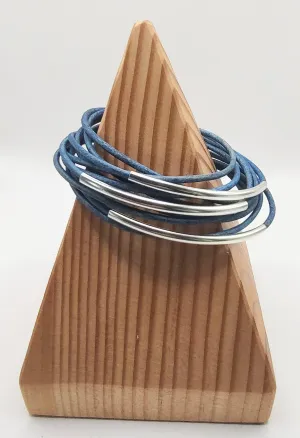 Genuine Leather Silver Plated Distressed Blue Wrap Bracelet