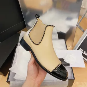 Genuine smooth Leather chains-link pull-on Ankle Boots for women