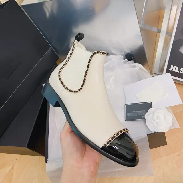 Genuine smooth Leather chains-link pull-on Ankle Boots for women