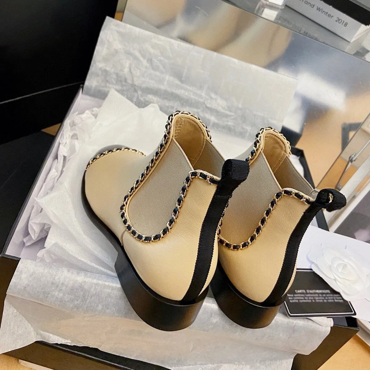 Genuine smooth Leather chains-link pull-on Ankle Boots for women