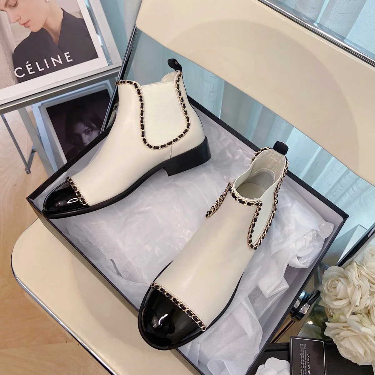 Genuine smooth Leather chains-link pull-on Ankle Boots for women