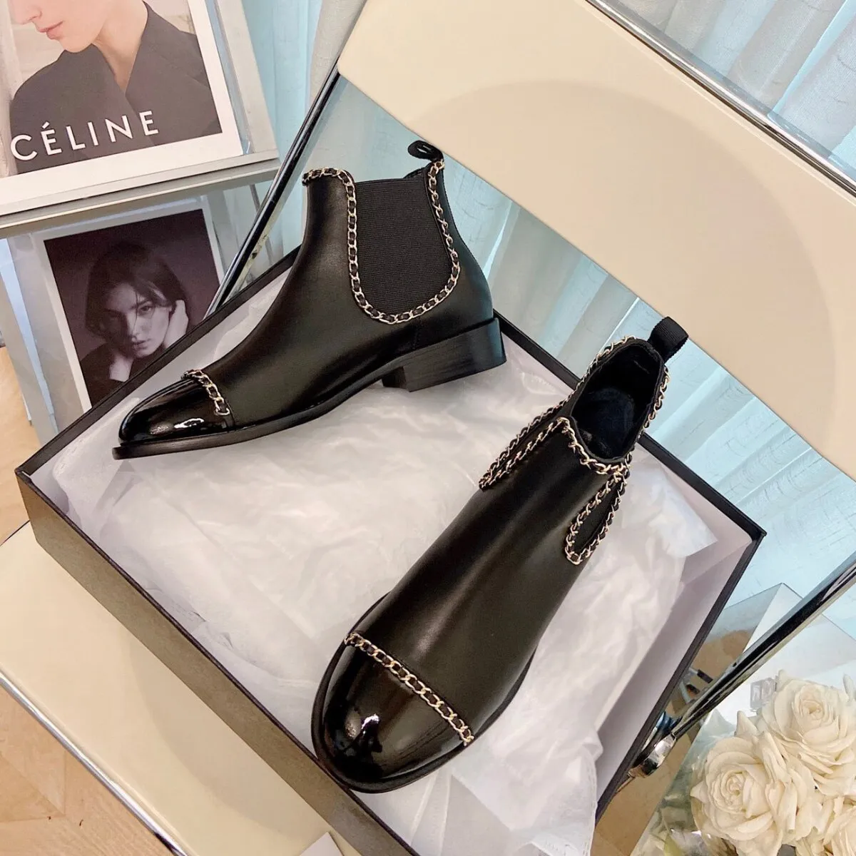 Genuine smooth Leather chains-link pull-on Ankle Boots for women