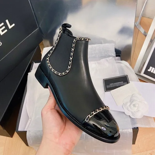 Genuine smooth Leather chains-link pull-on Ankle Boots for women