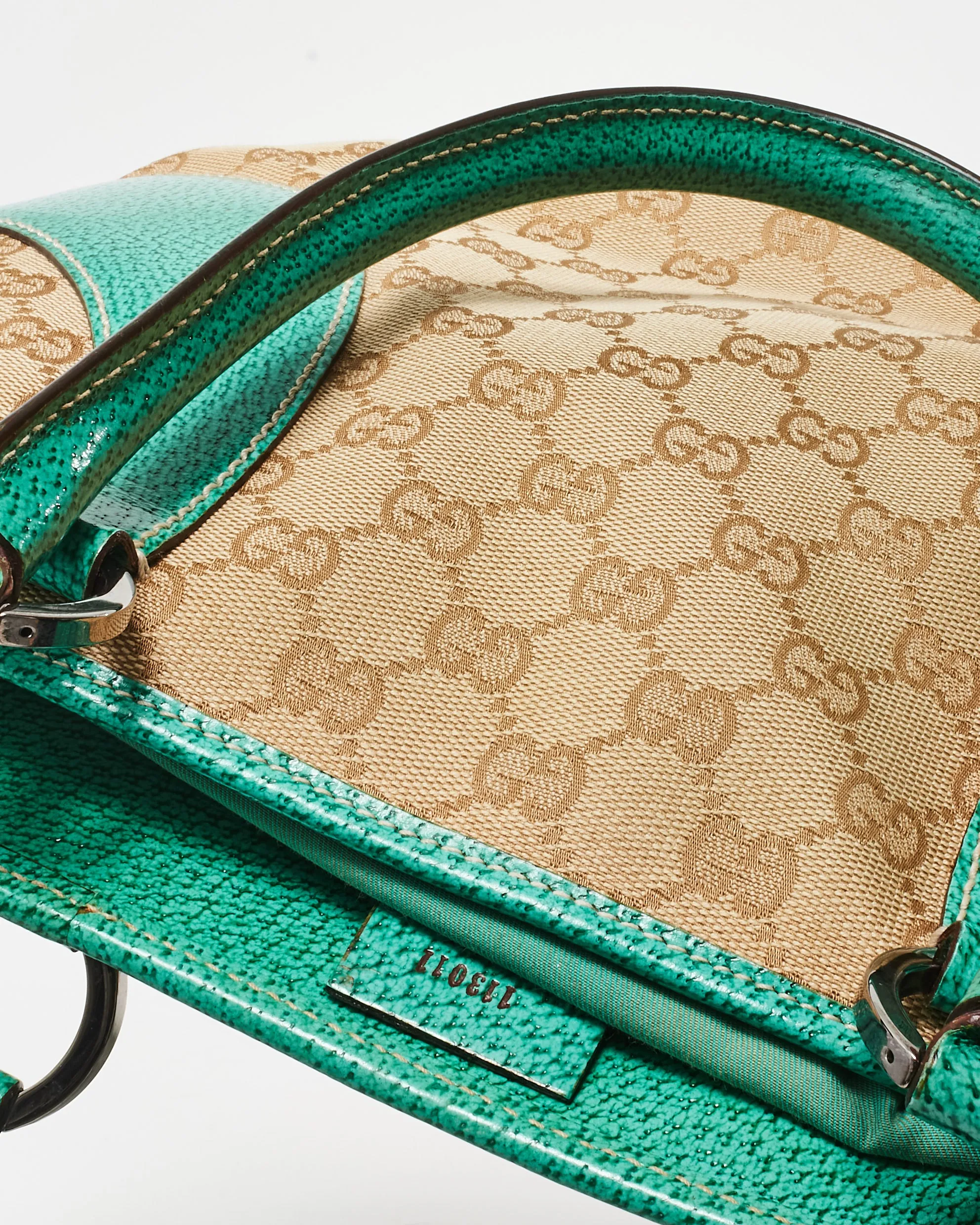 Gucci Vintage Monogram Canvas & Green Leather Shoulder Bag