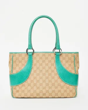 Gucci Vintage Monogram Canvas & Green Leather Shoulder Bag