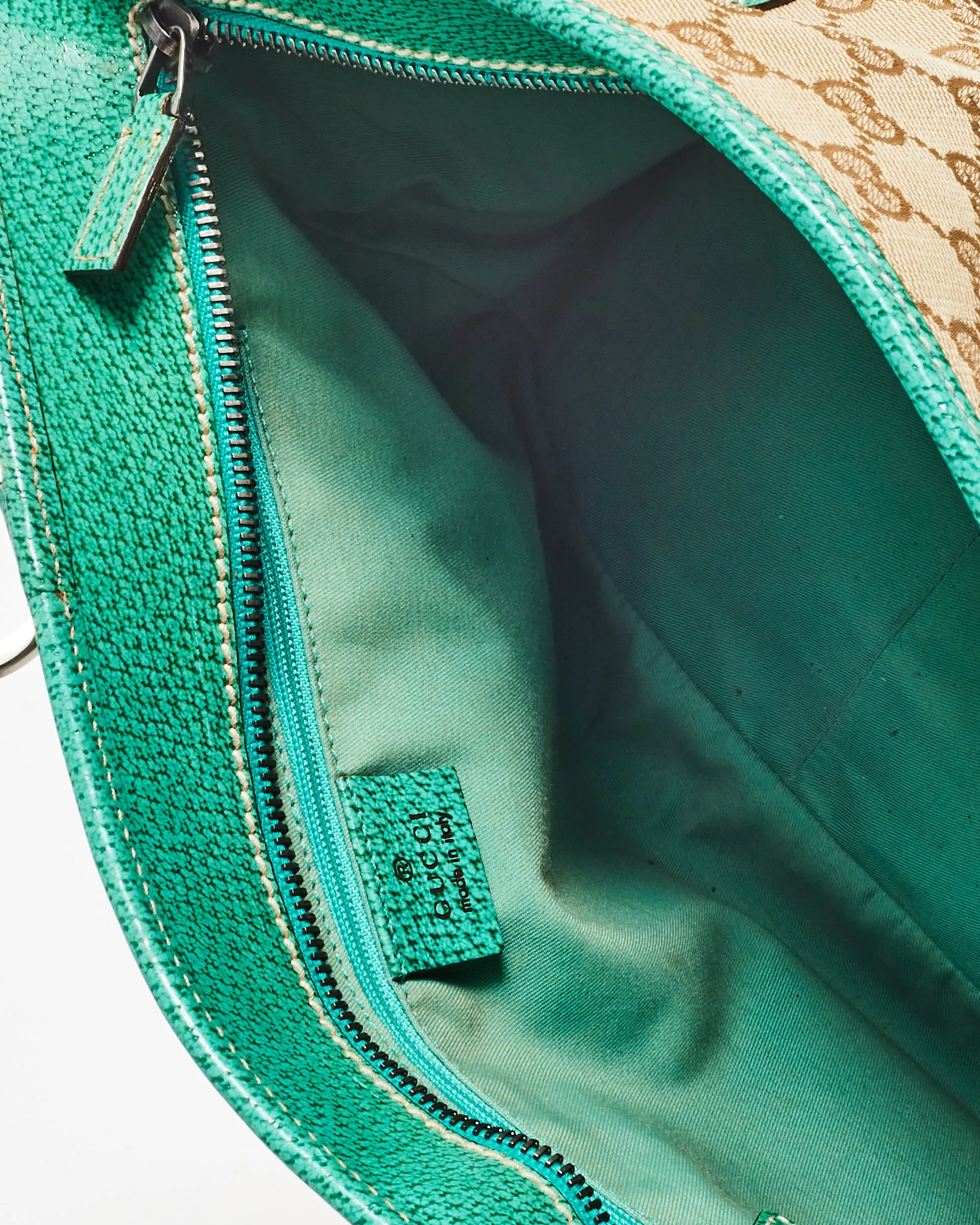 Gucci Vintage Monogram Canvas & Green Leather Shoulder Bag