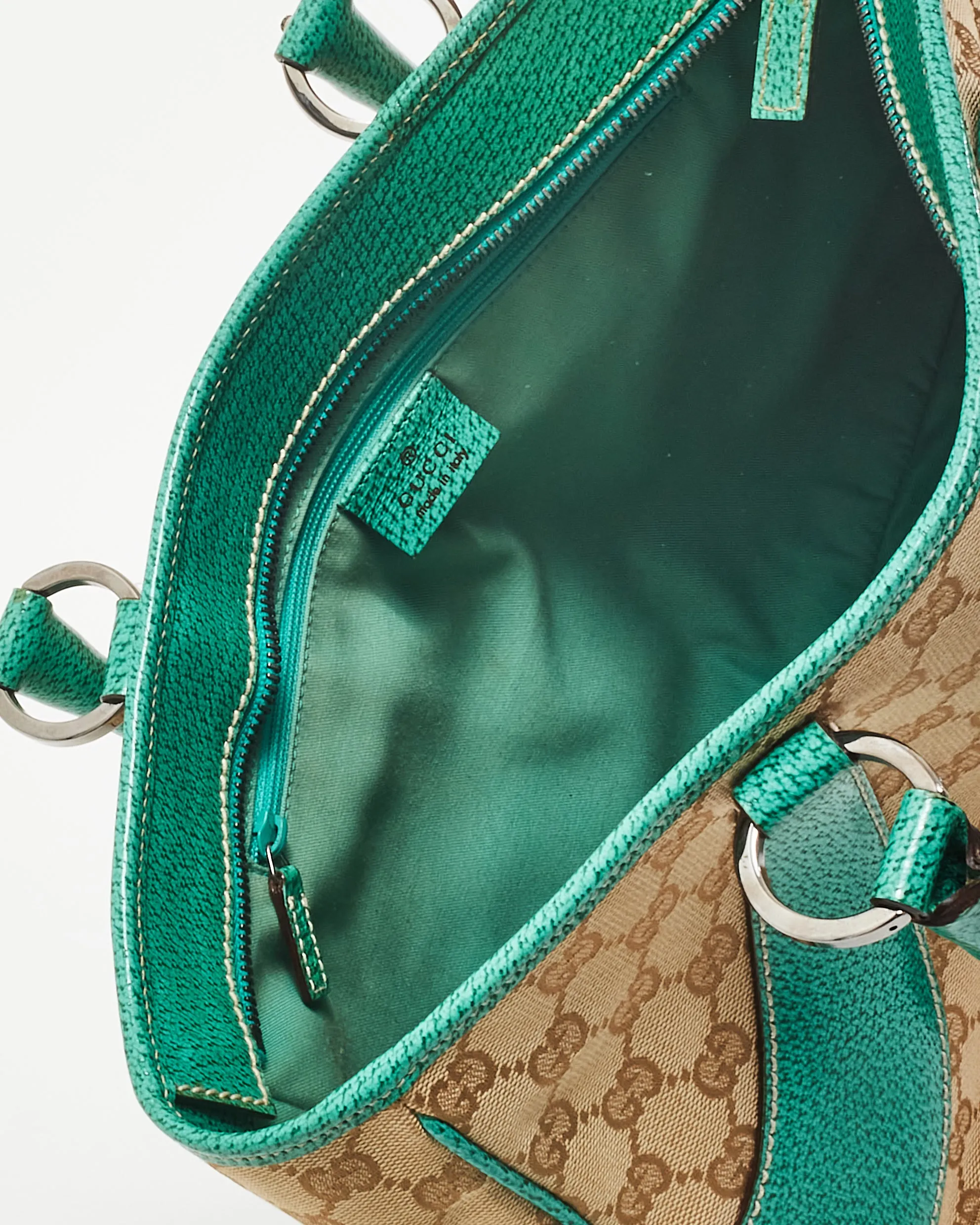Gucci Vintage Monogram Canvas & Green Leather Shoulder Bag