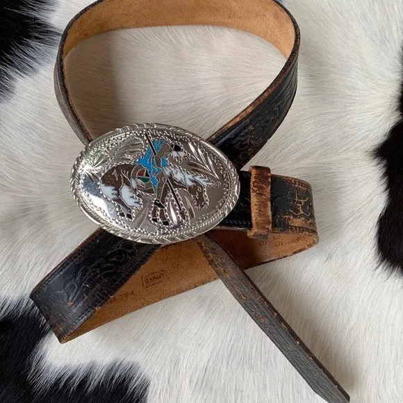 Handcrafted Silver Western Buckle Vintage Levi’s Tooled Leather Belt Set