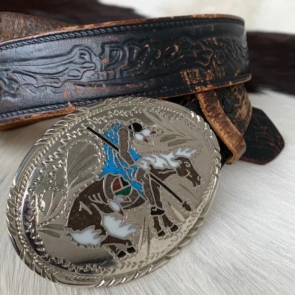 Handcrafted Silver Western Buckle Vintage Levi’s Tooled Leather Belt Set