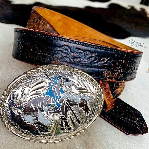 Handcrafted Silver Western Buckle Vintage Levi’s Tooled Leather Belt Set