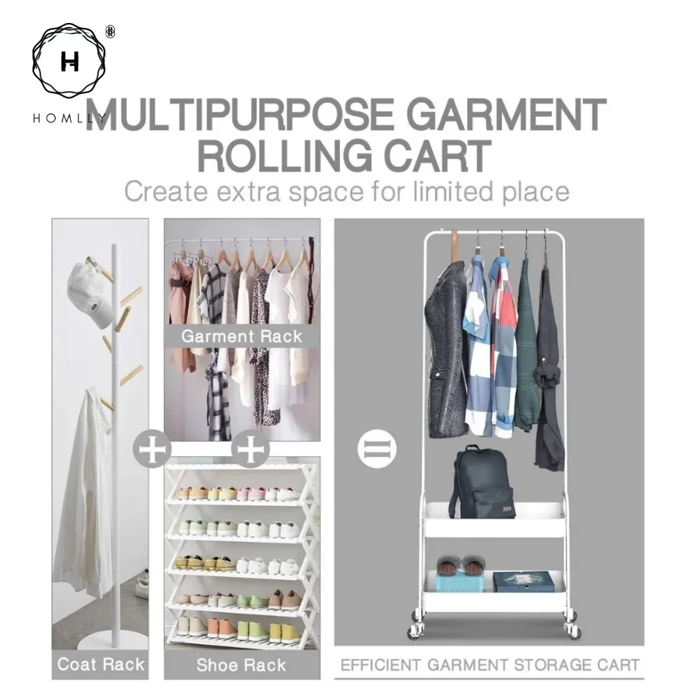 Homlly 2 Tier Movable Metal Basket Organizer Coat Rack with Wheels