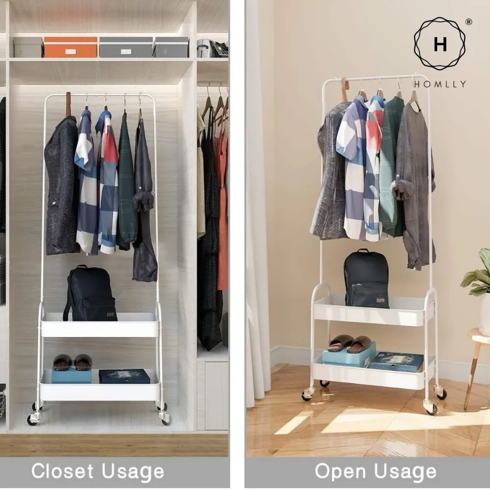 Homlly 2 Tier Movable Metal Basket Organizer Coat Rack with Wheels