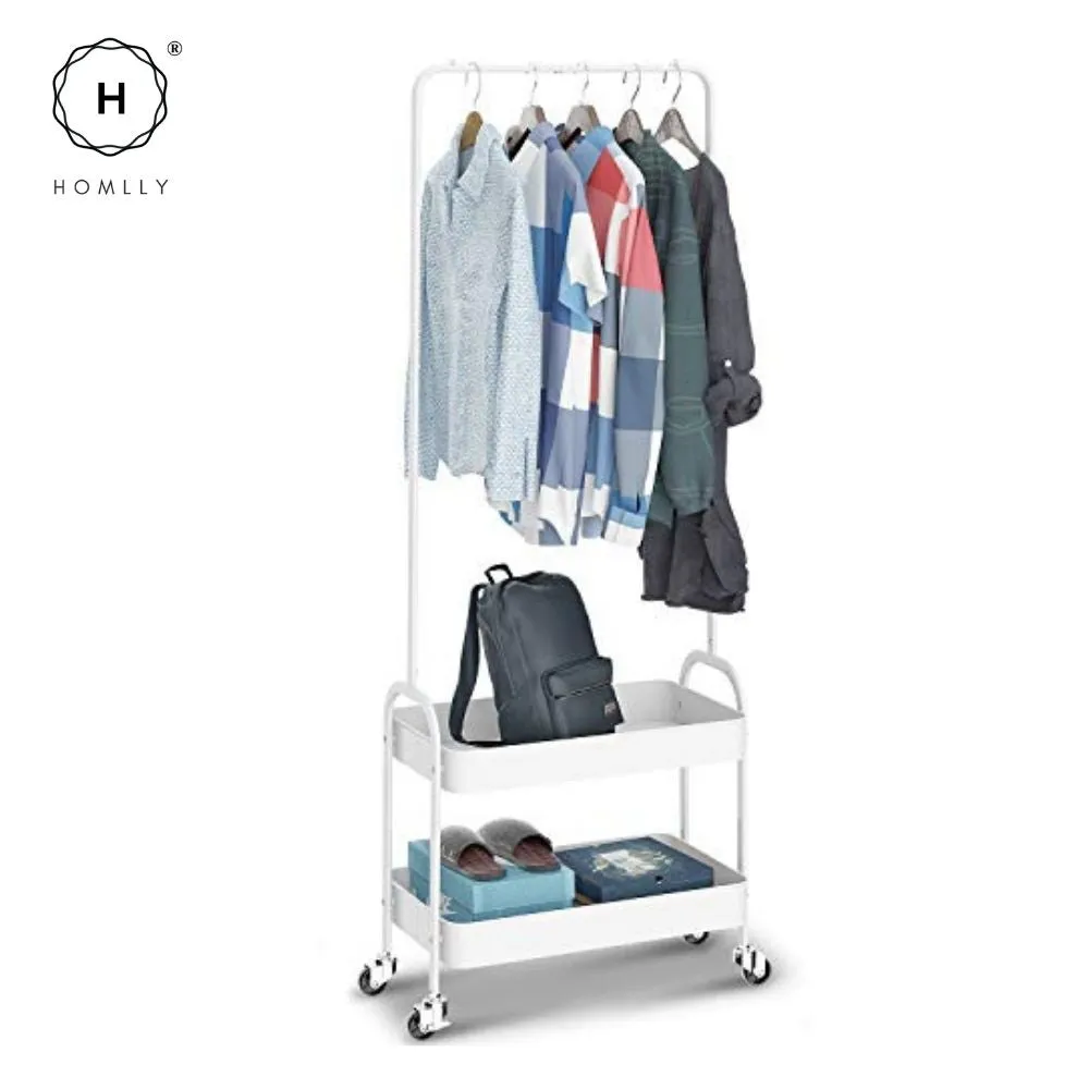 Homlly 2 Tier Movable Metal Basket Organizer Coat Rack with Wheels