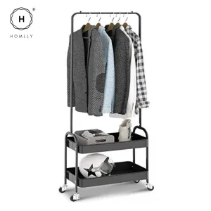 Homlly 2 Tier Movable Metal Basket Organizer Coat Rack with Wheels